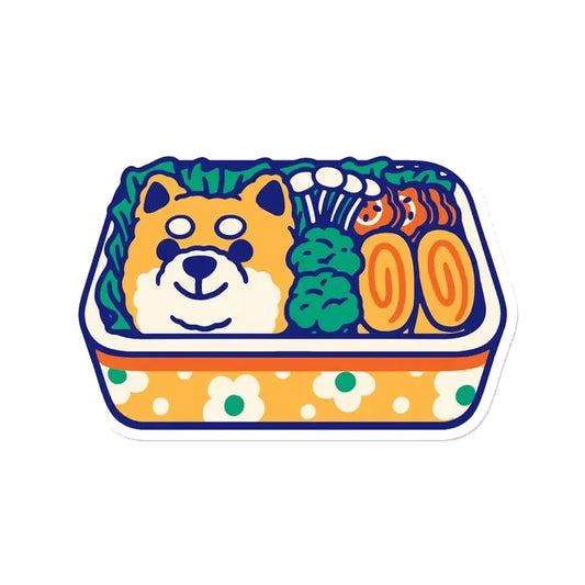 Pegatina con forma de bento japonés con vegetales, tortilla y una bola de arroz con forma de perro shiba