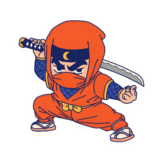 Pegatina de un ninja con kimono rojo empuñando su katana y con el dedo de la palabrota