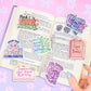 Conjunto de pegatinas de la temática de libros y de lectura de Turtle's Soup sobre un libro abierto. 