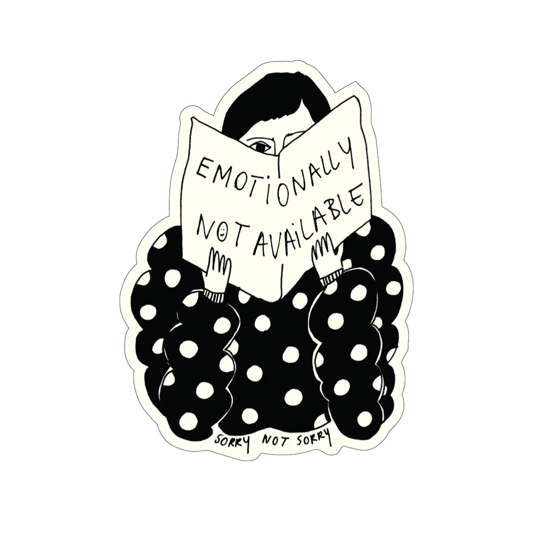 Pegatina con forma de una chica con jersey de puntos detrás de un periódico en el que se lee "emotionally not available"