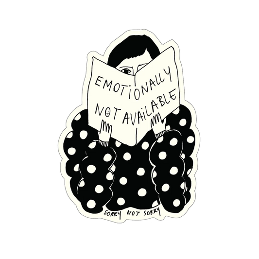 Pegatina con forma de una chica con jersey de puntos detrás de un periódico en el que se lee "emotionally not available"