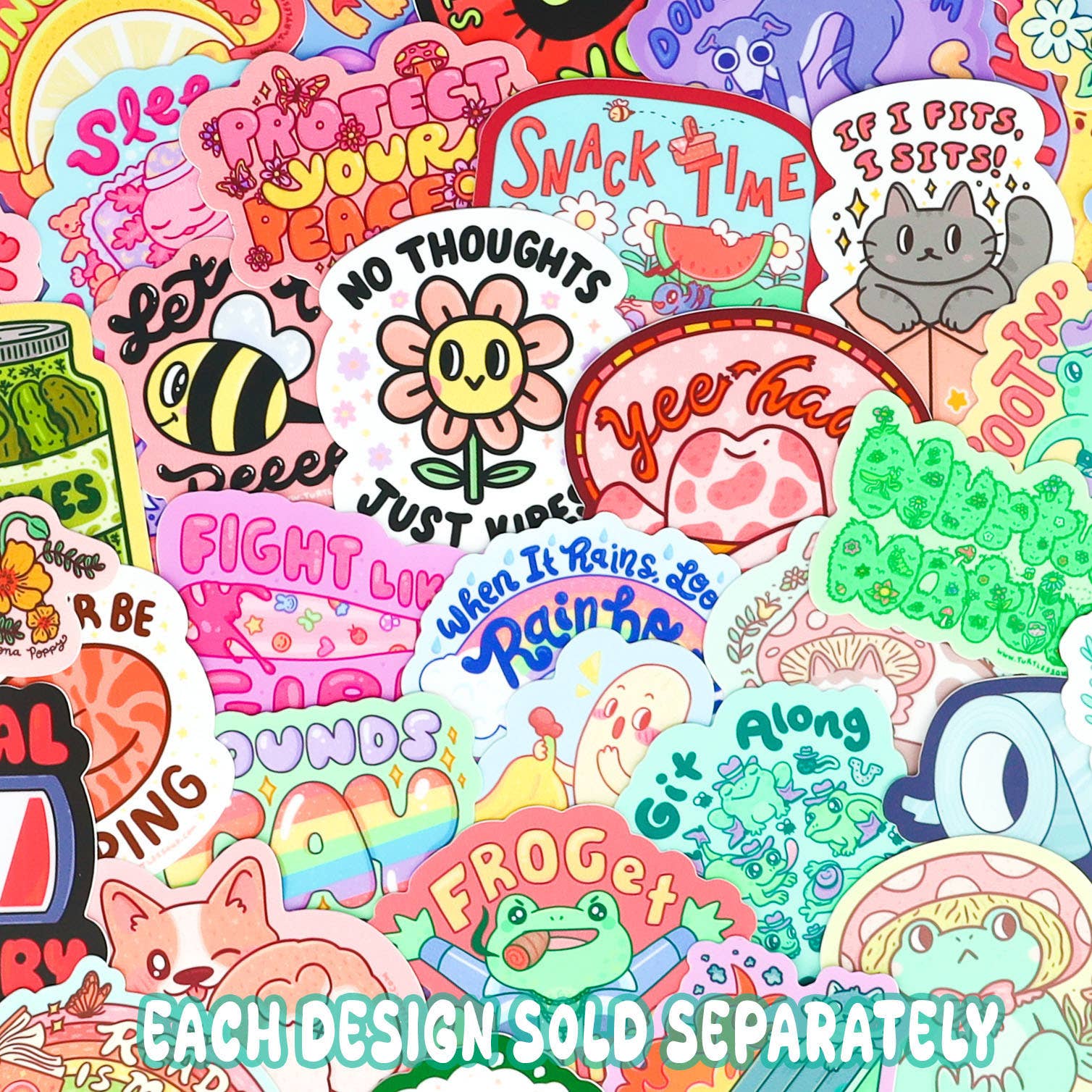 Conjunto de pegatinas de la marca Turtle's Soup con el texto "Each design sold separately". 