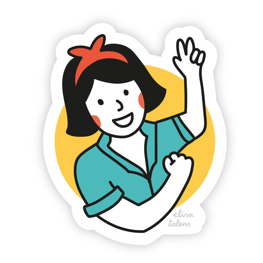 Pegatina ilustrada por Elisa Talens de una mujer sacando músculo con un pañuelo rojo en la cabeza