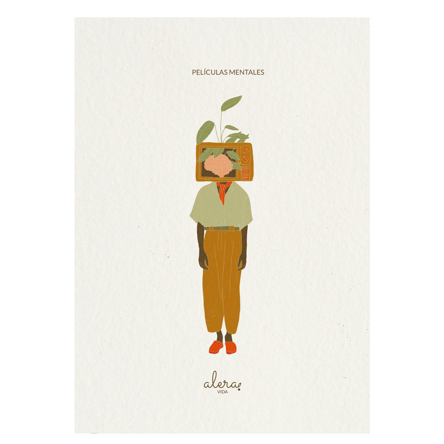 Postal Películas Mentales de la artista Alera Vida de una persona con una televisión en la cabeza en la que se ve un cerebro floreciendo