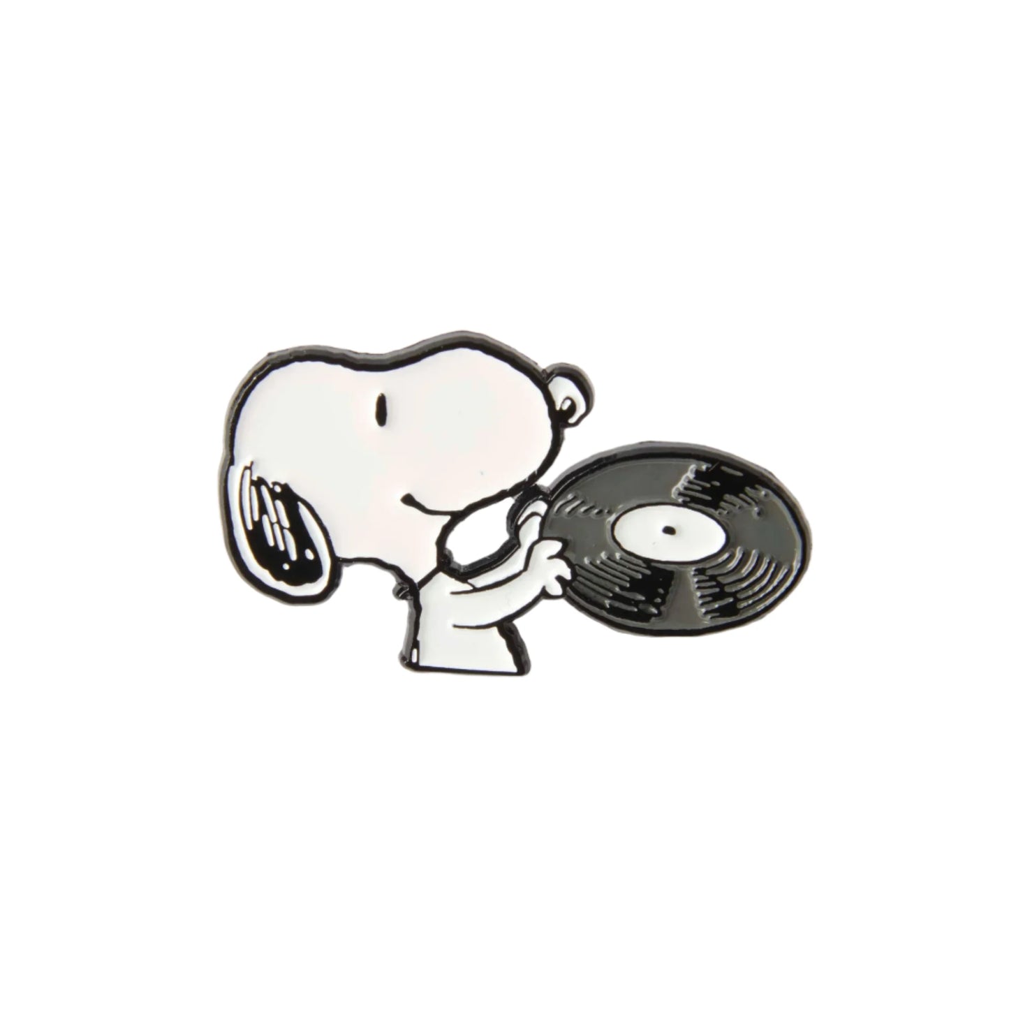 Pin del perro Snoopy con un disco de vinilo en las manos