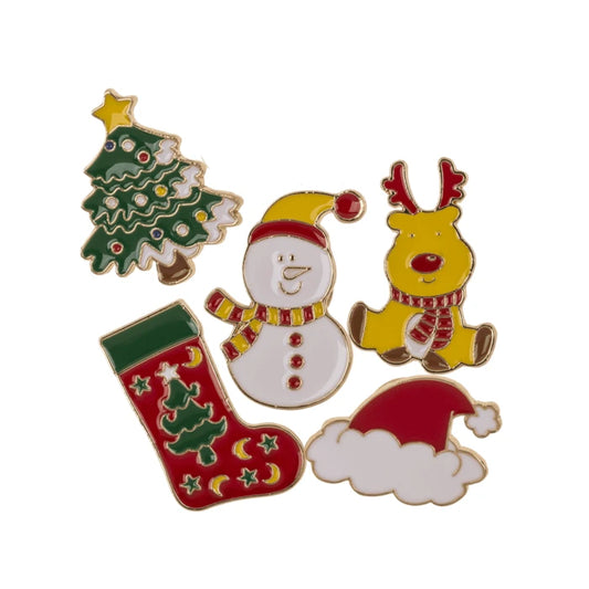 Pack de 5 pins de metal con formas navideñas: árbol de Navidad, Muñeco de Nieve, Reno, Calcetín de Navidad y Gorro de Papá Noel