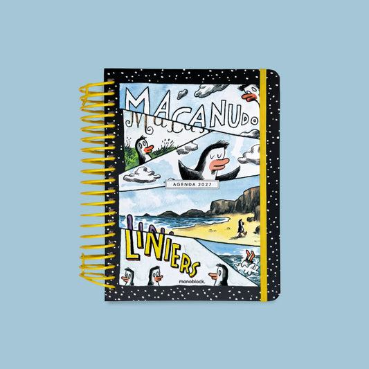 Portada de la Agenda diaria 2027 Macanudo Pingüinos de Liniers con tapa dura negra de lunares, espiral amarilla y viñetas de pingüinos en paisaje costero