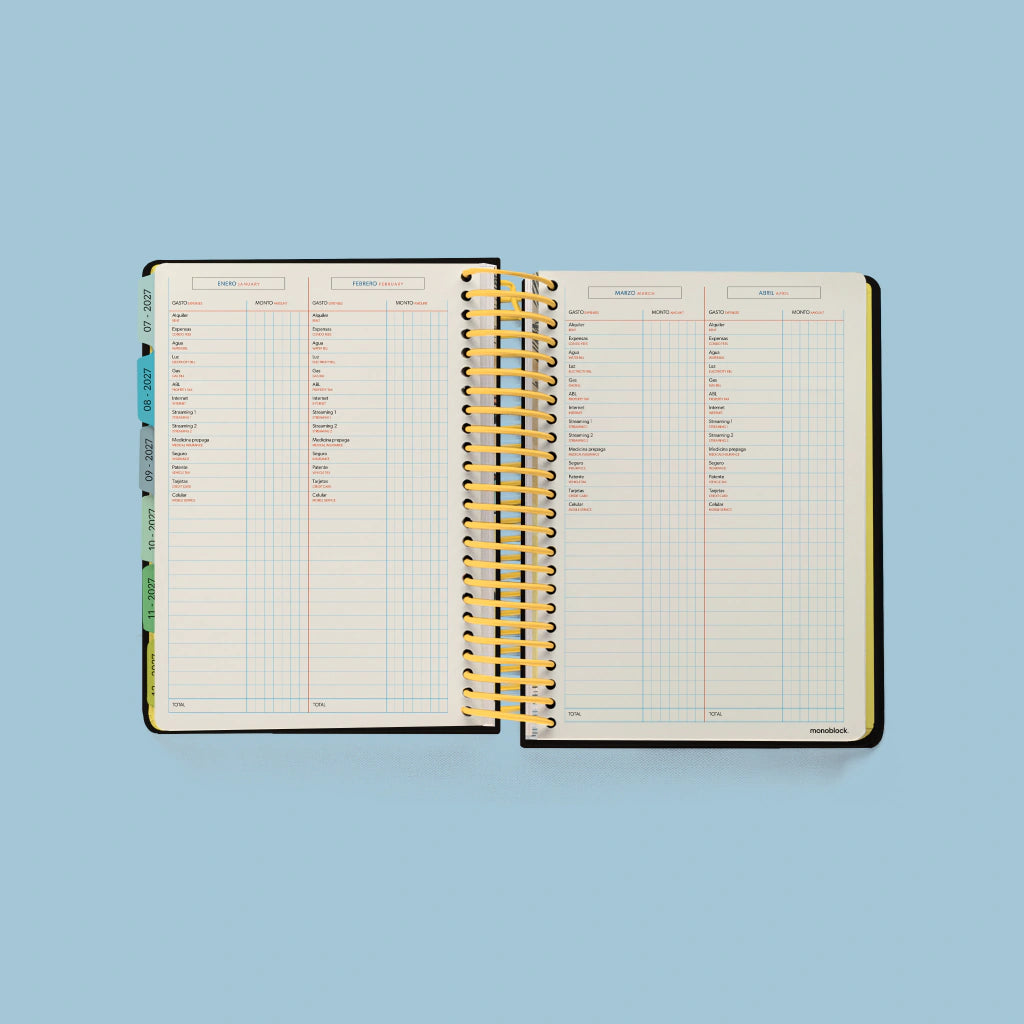 Páginas de control de gastos mensuales de la Agenda 2027 Macanudo con columnas para enero, febrero, marzo y abril, y pestañas laterales de colores