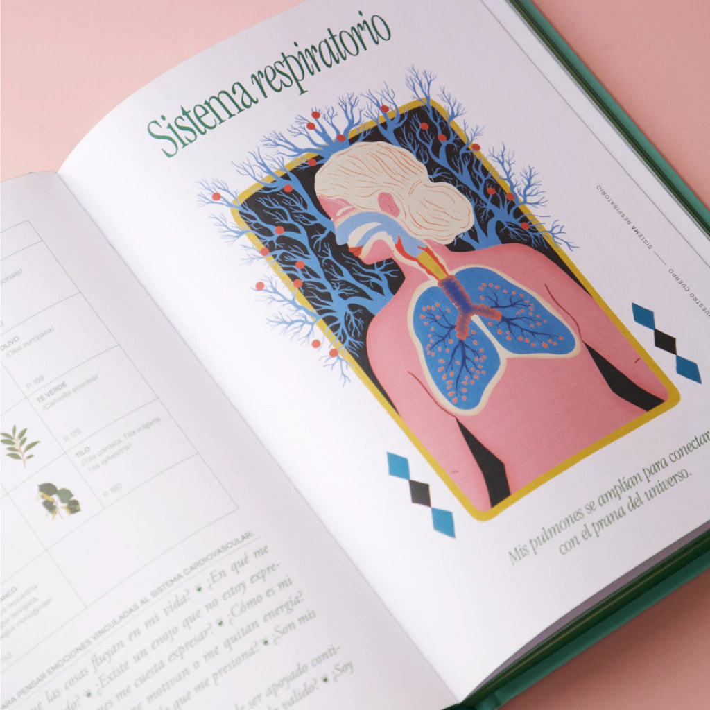 Páginas interiores del libro Plantas Poderosas de Florencia Fasanella con portadilla del sistema respiratorio