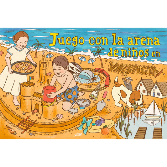 Postal con imagen de niños jugando en la playa de València a construir castillos, paella, ciudad de las artes y las ciencias, barracas, Sorolla saludando