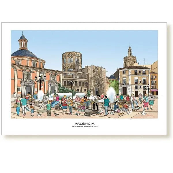 Ilustración de la Plaza de la Virgen con mucha gente alrededor de la Fuente del Turia