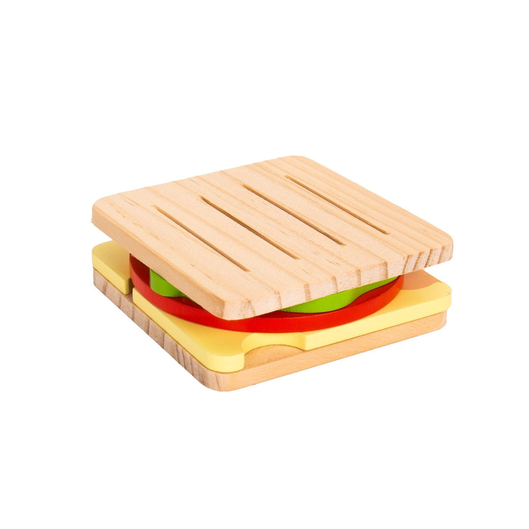 Posavasos de madera con forma de ingredientes de sandwich vegetal que se mantienen unidos gracias a pequeños imanes