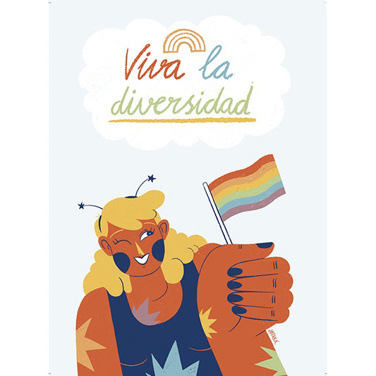 Postal Día del Orgullo con una chica naranja con antenitas ondeando una bandera arcoiris