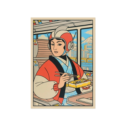 Postal con ilustración de una mujer con casco retrofuturista comiendo con palillos en un tren de Japón