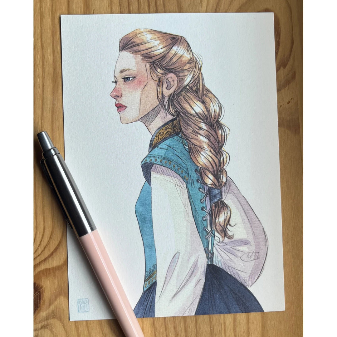Postal con la ilustración de Esther Gili de Beatrice, la protagonista de Mucho ruido y pocas nueces de Shakespeare