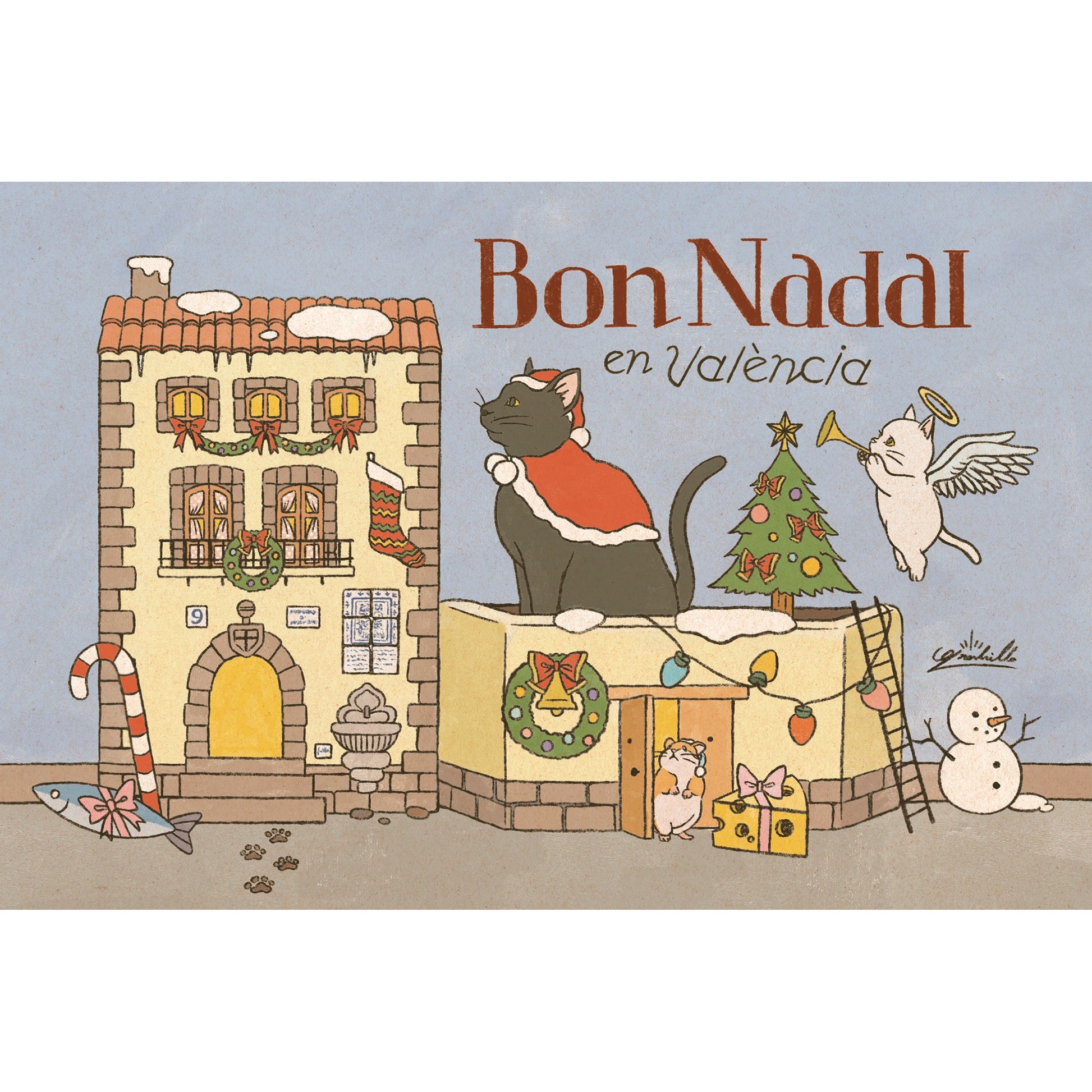 Postal de Navidad en Valencia con un gato con una ilustración del ilustrador Granbrillo