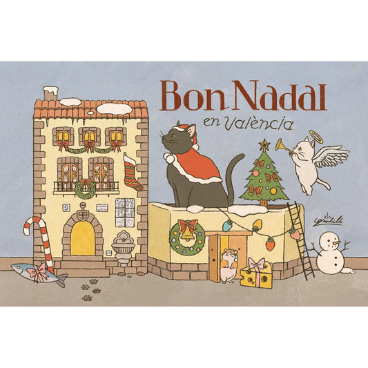 Postal de Navidad en Valencia con un gato con una ilustración del ilustrador Granbrillo