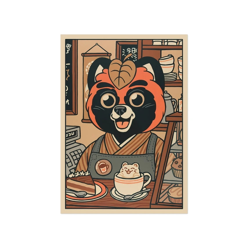 Postal con ilustración de un mapache japonés que es camarero en una cafetería