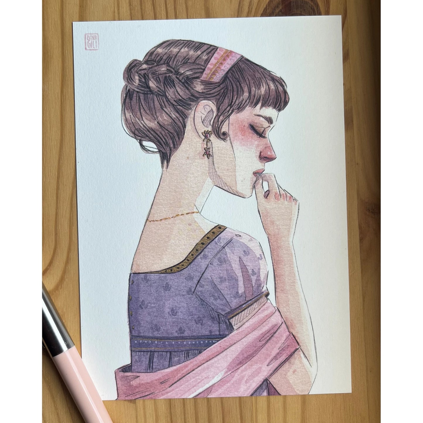 Postal con la ilustración de Esther Gili de Elinor, la protagonista de la novela de Jane Austen Sentido y Sensibilidad.