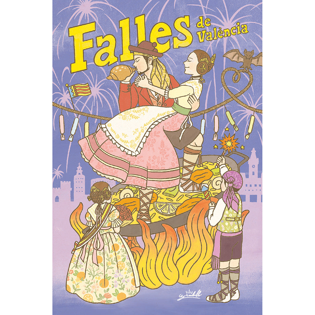 postal del ilustrador granbrillo de las Fallas de Valencia con falleros, paella y masclets y un corazón de fondo
