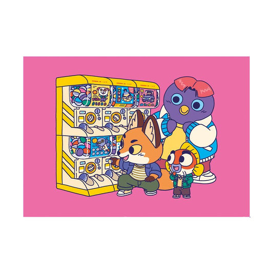 Postal con tres personajes de Yeaaah Studio sacando una bola de una máquina expendedora