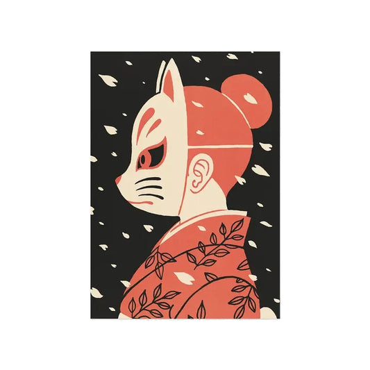 Postal con ilustración de una mujer de perfil con moño, kimono japonés y careta de zorro