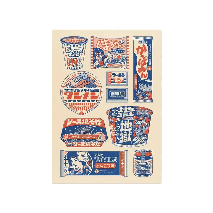 postal mostrando un dibujo de varios envases para fideos de ramen instantáneos en colores azul y rojo