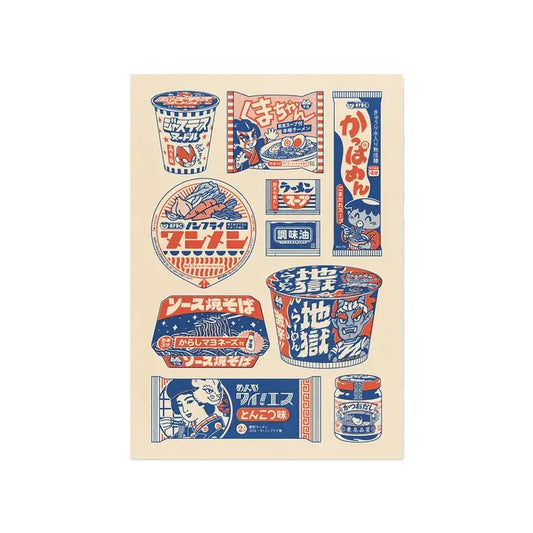postal mostrando un dibujo de varios envases para fideos de ramen instantáneos en colores azul y rojo