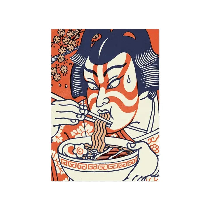 Ilustración de un actor de teatro tradicional japonés comiendo ramen