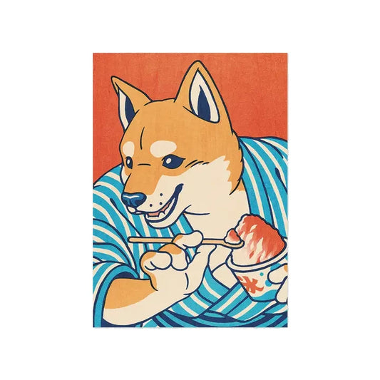ilustración en postal de Stephane Casier de Mimi el Shiba comiendo helado, llevando un yukata y sobre fondo rojo