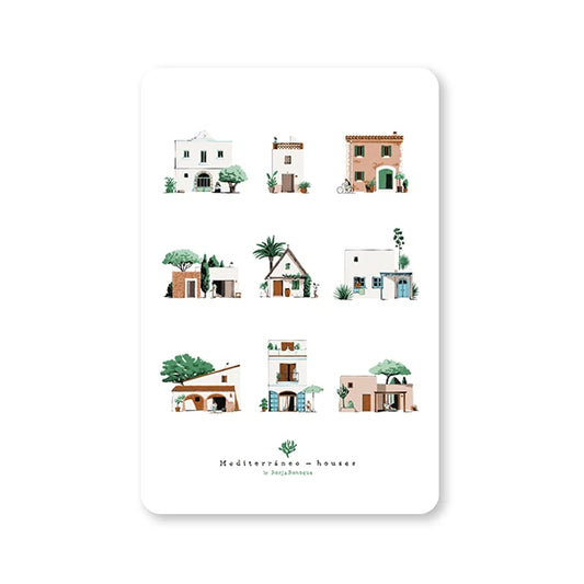 Postal con ilustración de Borja Bonaque con 9 casas con arquitectura típica mediterránea: arraca, alquería...