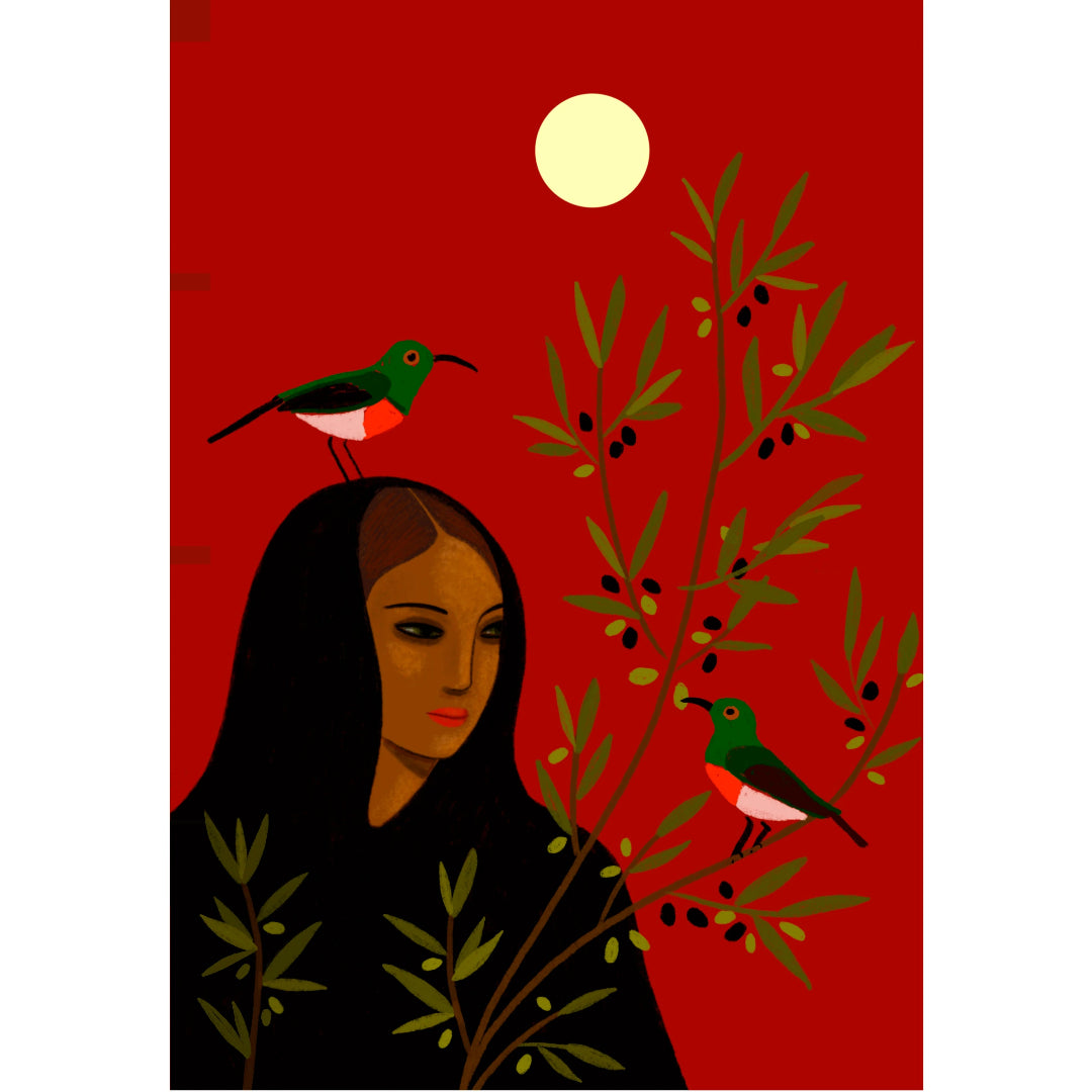 Postal con ilustración de una mujer con velo mirando pájaros en un olivo con fondo rojo