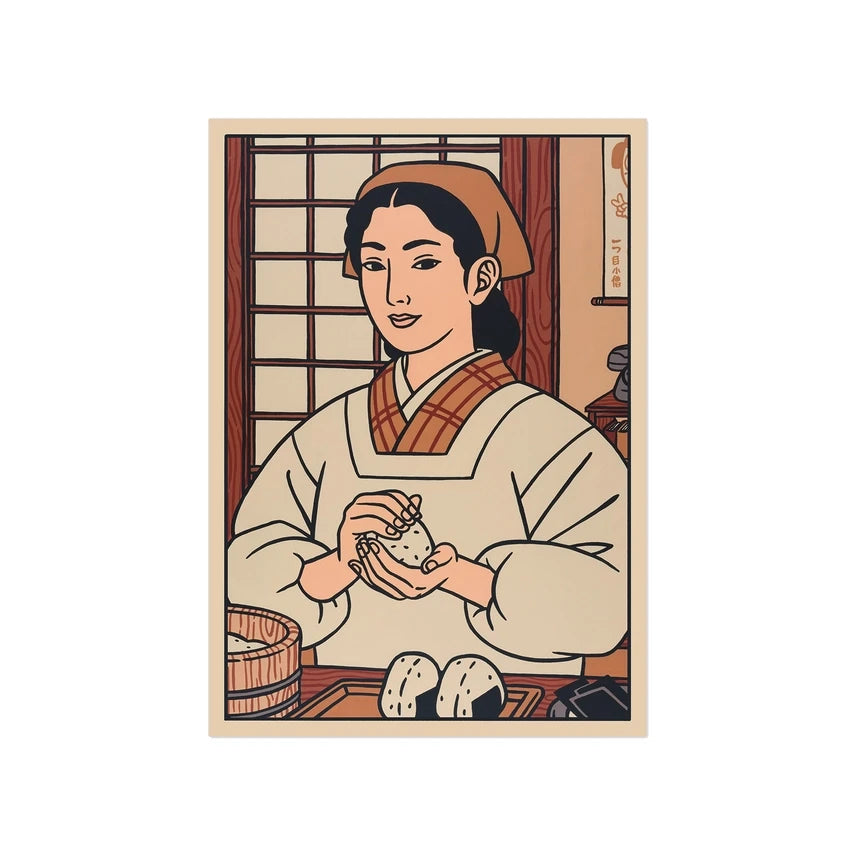 Postal con ilustración de una madre japonesa tradicional haciendo onigiris