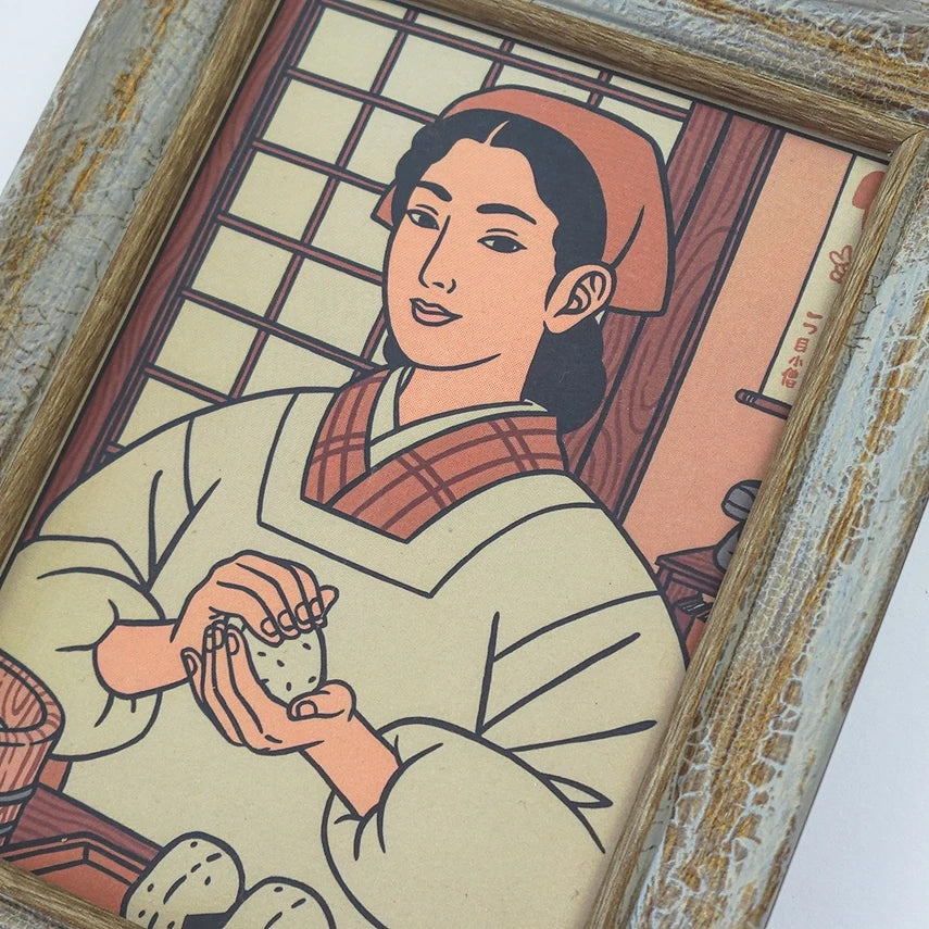 Detalle de la postal con ilustración de una madre japonesa tradicional haciendo onigiris