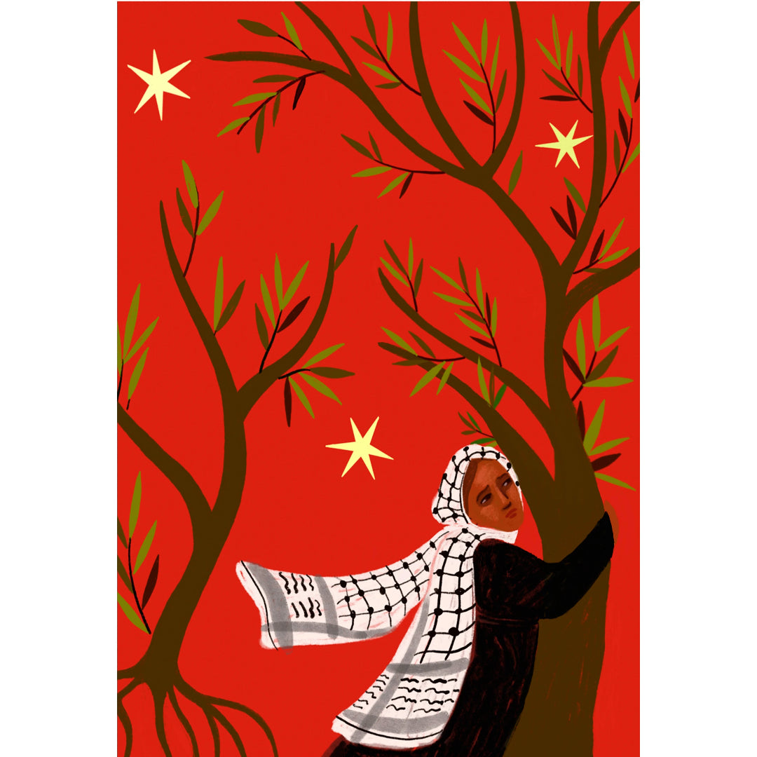 Ilustración de una mujer triste con pañuelo palestino abrazando un olivo sobre fondo rojo