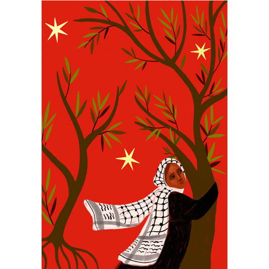 Ilustración de una mujer triste con pañuelo palestino abrazando un olivo sobre fondo rojo