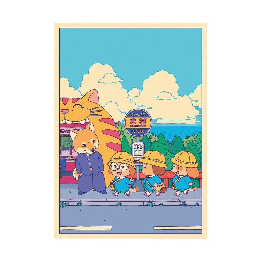 Postal con ilustración de unos perritos colegiales japoneses en una parada de bus con forma de gato.