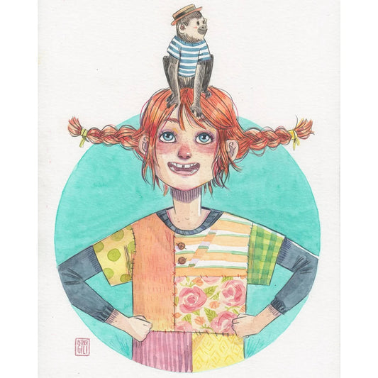 Ilustración de Esther Gili de Pippi Långstrump con los brazos en jarras y su mono el señor nilsson sobre la cabeza
