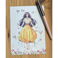 Postal con ilustración de Esther Gilli de una mujer con falda amarilla levitando sobre un campo de amapolas rodeada de pájaros