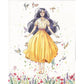 Ilustración de Esther Gilli de una mujer con falda amarilla levitando sobre un campo de amapolas rodeada de pájaros