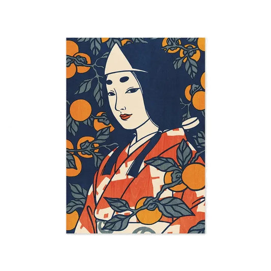 Postal con ilustración de mujer japonesa con kimono tradicional entre caquis