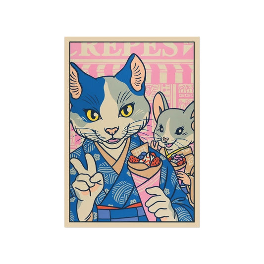 ilustración en forma de postal de un gato y un ratón comiendo unos dulces, vestidos con trajes tradicionales japoneses