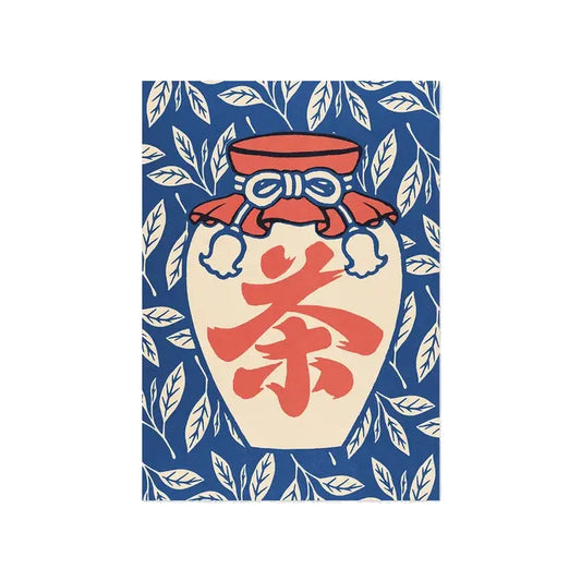 ilustración por yeaaah studio de una tetera antigua con el kanji "cha" de "té" , en colores azul, rojo y blanco