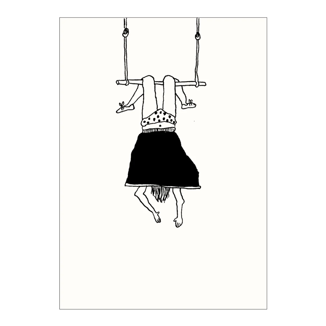 Postal con ilustración de una chica colgada de un trapecio con la falda por encima de la cabeza
