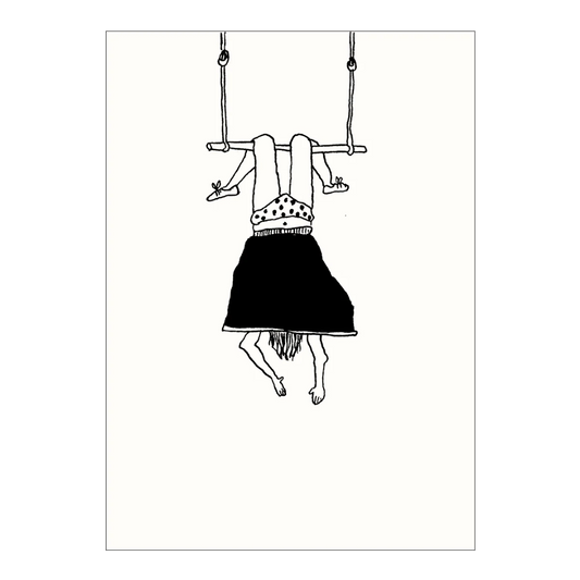 Postal con ilustración de una chica colgada de un trapecio con la falda por encima de la cabeza