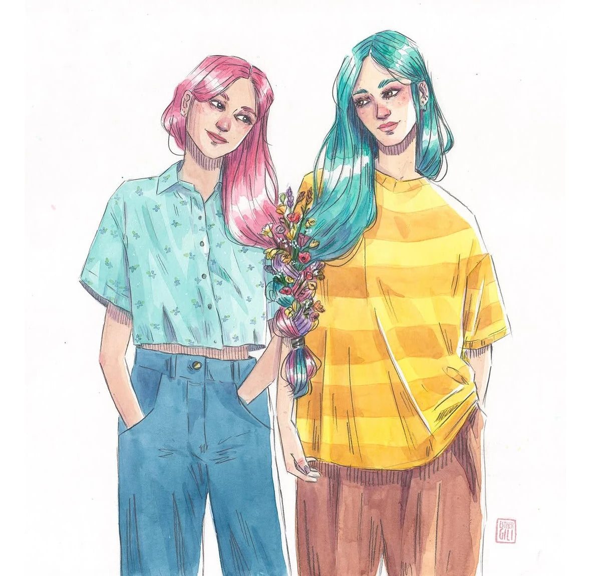 Ilustración de dos mujeres con melenas colores rosa y azul enlazadas en una trenza de color morado de la que brotan flores