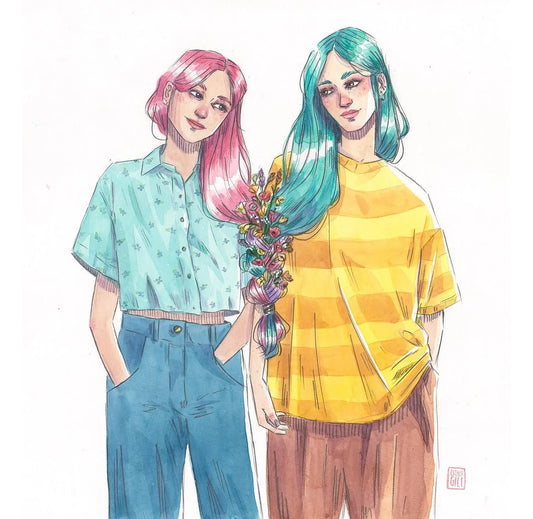 Ilustración de dos mujeres con melenas colores rosa y azul enlazadas en una trenza de color morado de la que brotan flores