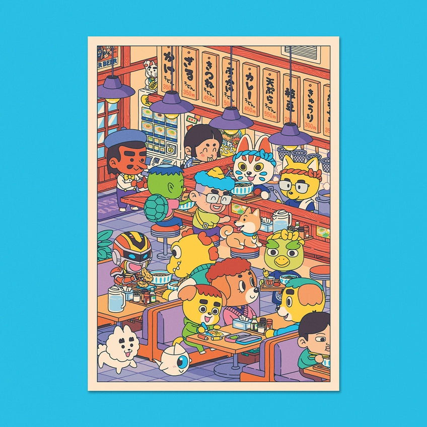 Postal con ilustración de personajes infantiles en un restaurante japones de Udón 