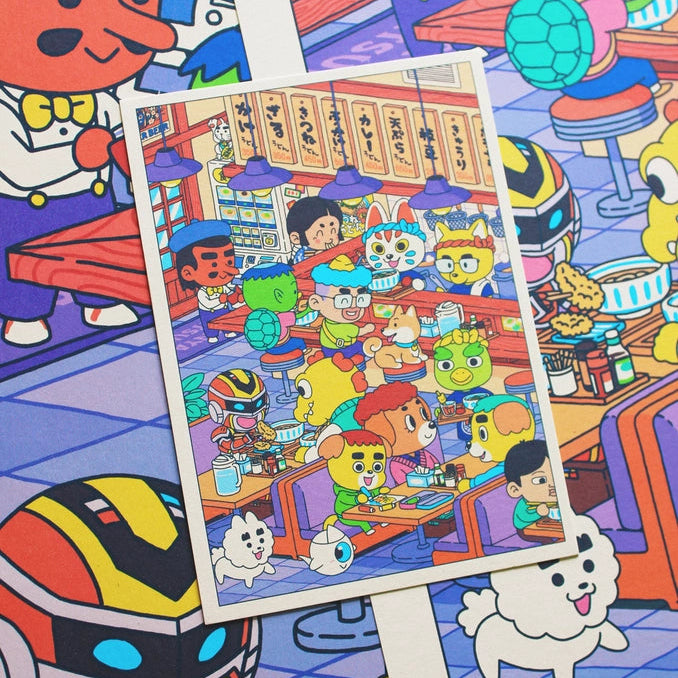 Postal de varios personajes del estudio Yeaaah comiendo en un restaurante de ramen