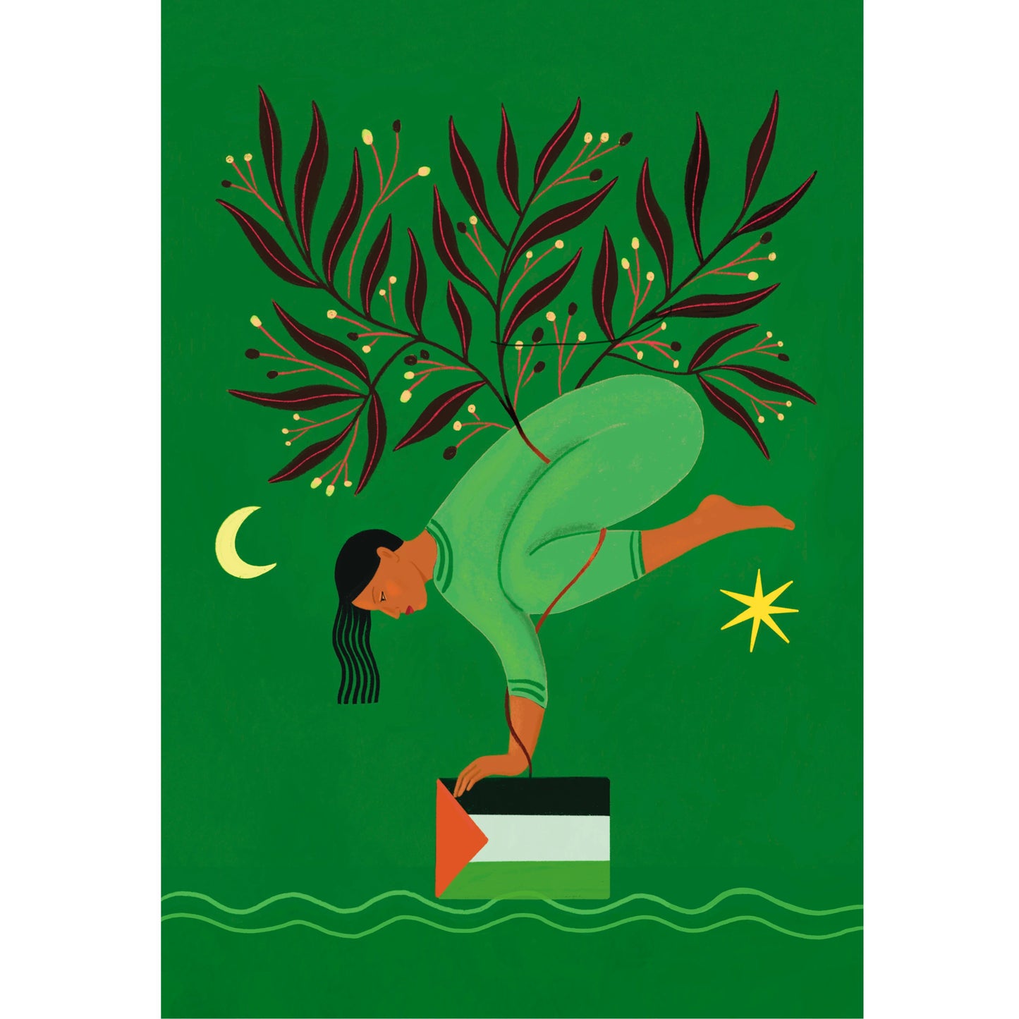 Postal con mujer sobre fondo verde haciendo yoga apoyada sobre la bandera palestina de la que sale un olivo